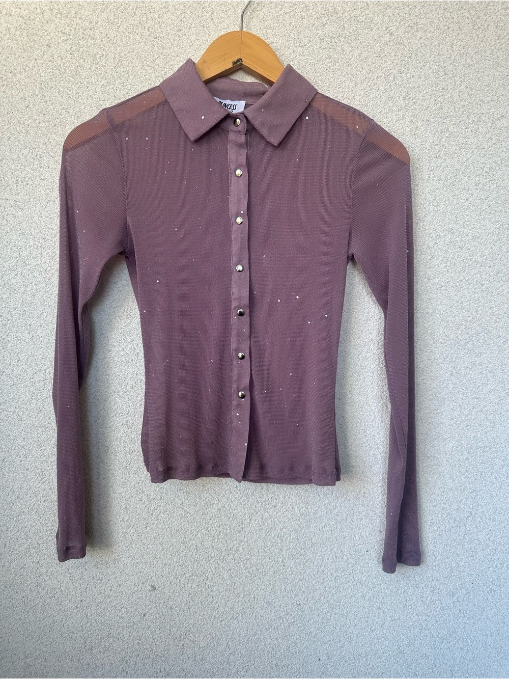 Princess Polly Purple Glitter Mesh Button Front Top Size US 2